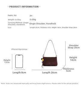 Größentabelle mit Maßen für minimalistische PU-Schultertasche inklusive iPhone-Größenvergleich