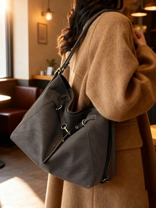 Charcoal grey vintage leather tote bag for women with elegant golden metal buckles