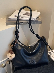 Vintage PU Leather Tote Bag For Women Minimalist Large Capacity Shoulder Bag With Knotted Strap And Plush Bear Charm Fashion Korean Style Commute Handbag