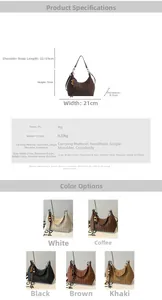 Size chart showing PU leather woven hobo bag dimensions, weight, and strap options