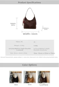 Detailed size specifications and color variants of the fashion PU leather bucket bag