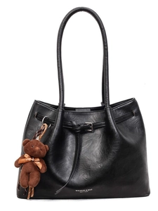 Retro pleated large black faux leather tote bag with a cute brown plush bear charm