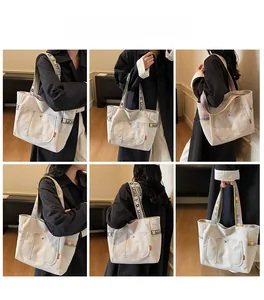 Detail shots of off-white canvas tote bag with wide logo straps and front pocket