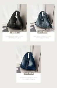 Detailed views of vintage denim crossbody bags in black, light blue, and dark blue