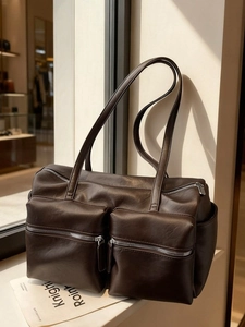Women Large Capacity PU Leather Shoulder Bag Multi-pocket Vintage Tote Underarm Bag Fashion Commuting Handbag With Zipper