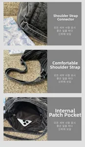 Detail of washed black denim hobo bag featuring metal ring strap connectors and phone pocket