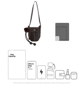 Capacity display of retro suede crossbody bag showing fits for 6.7 inch smartphone and daily items