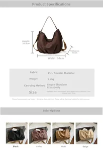 Detailed size specifications and color options for the large PU leather tote bag