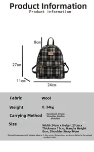 Tableau des tailles détaillé pour sac à dos en tweed noir et blanc avec dimensions