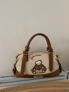 Sac Boston en toile beige et cuir marron avec broderie de chiot mignon pour femme