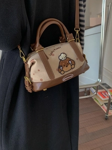 Sac Boston rétro en toile avec broderie de chien et pois, style bandoulière et cuir