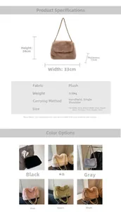 Schéma technique détaillé et tableau des dimensions du sac à bandoulière en peluche