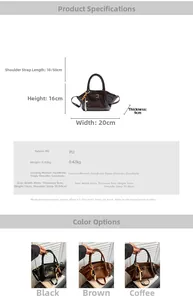 Detailed size specifications and color options for the stylish PU leather handbag
