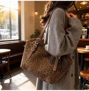 Dettaglio della borsa tote leopardata con cinturini in pelle marrone e fibbie in metallo