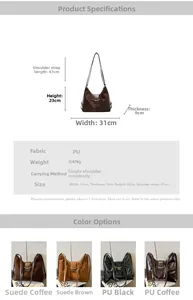 Detailed size specifications and color guide for the vintage hobo shoulder bag