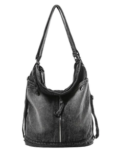 Retro washed black denim tote bag with vertical zippers and vintage rivet details