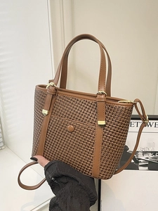 Borsa tote retrò marrone intrecciata da donna con manici in pelle e fibbia metallica