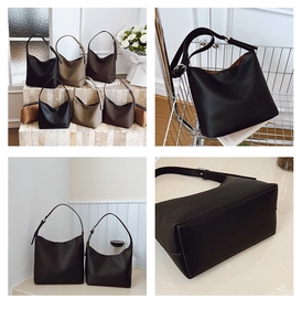 Detailed close-up of premium lychee grain leather bucket bags in three classic colors
