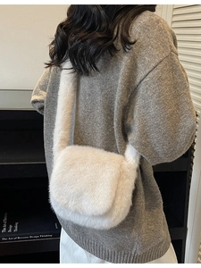 Chic beige plush crossbody bag with flap and wide shoulder strap for winter fashion