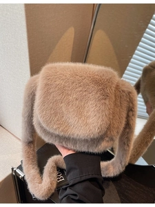 Minimalist light camel plush flap crossbody bag with wide shoulder strap for winter fashion