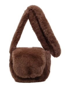 Fashionable dark brown plush crossbody bag with wide shoulder strap and soft faux fur texture