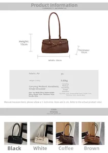 Detailed size chart for retro underarm bag showing dimensions 30x15x10cm and PU material