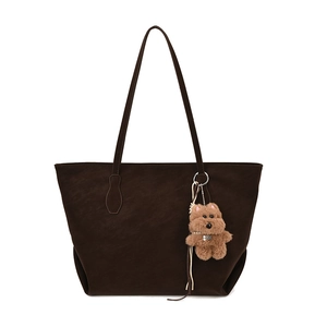 Minimalist deep brown matte tote bag with large capacity and plush puppy charm