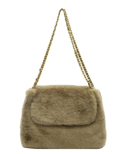 Sac bandoulière en peluche avec chaîne dorée en fausse fourrure marron olive doux