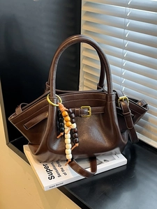 Vintage PU Leather Handbag For Women Urban Minimalist Crossbody Bag With Beaded Charm Retro Shoulder Bag Top Handle Bag