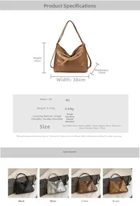 Detailed size chart and multi-color options for the large PU leather commuter tote bag