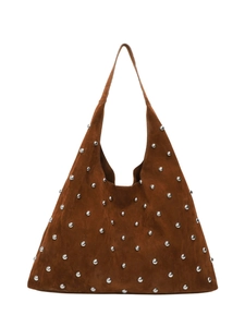 Brown suede hobo bag featuring silver studs and a spacious minimalist shoulder strap