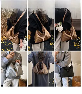 Detailed views of a large pleated hobo tote bag featuring vintage metallic finish and monogram