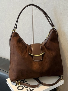 Women French Vintage Large Capacity Shoulder Bag Faux Suede PU Leather Tote Bag With Gold Metal Buckle Fashion Hobo Handbag