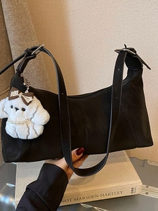 Vintage PU Leather Hobo Crossbody Bag For Women Large Capacity Dumpling Underarm Shoulder Bag With Plush Dog Charm Versatile Zipper Bag