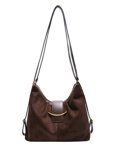 Retro dark brown suede hobo shoulder bag with crescent gold hardware and adjustable strap