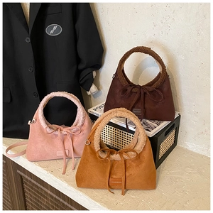 Chic suede tote bags with shearling trim and decorative bows in three autumn colors
