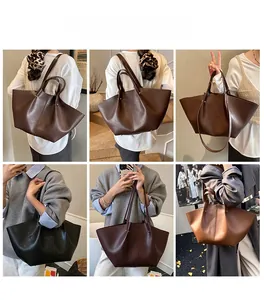 Multiple views of minimalist leather tote bags in various colors for daily commuting