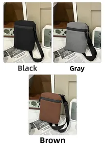 Vertical nylon crossbody bags shown in black, grey, and coffee colors for women