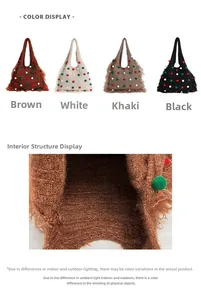 Detailed view of handmade knitted tote bag textures with tassels and colorful pom-poms
