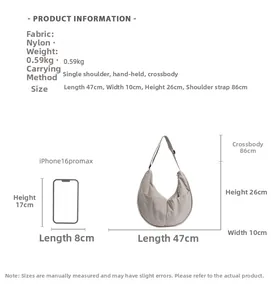 Detailed size chart for nylon dumpling bag showing measurements and phone comparison