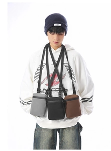 Three men's mini crossbody bags in grey, black, and coffee showing water-resistant nylon fabric