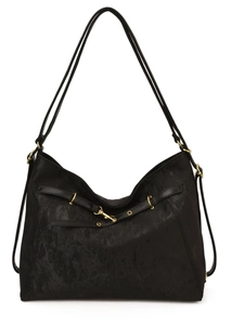 Black large capacity tote bag with textured surface and gold metal buckle on white background