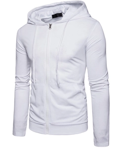 Détail d'un sweat à capuche sport blanc avec fermeture éclair et poches latérales pratiques