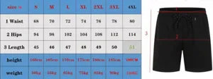 Detailed size chart for men's mesh shorts with waist, hip, and length measurements