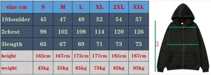 Size chart for full zip fleece hoodie showing shoulder, chest, and length measurements
