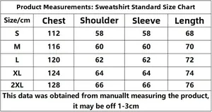 Size chart for full zip hoodies showing chest, shoulder, and sleeve measurements for S to 2XL