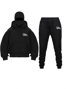 Men Streetwear Tracksuit Integrated Balaclava Mask Polyester Fleece Hoodie Matching Joggers Graphic Print Autumn Winter