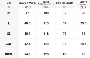 Detailed size chart for solid color hoodies showing shoulder, chest, and length measurements