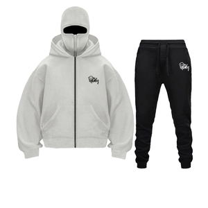 Detail of grey zip-up balaclava hoodie and black joggers with devil logo print