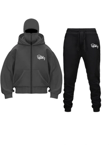 Men's dark grey zip hoodie with integrated mask and black joggers tracksuit set